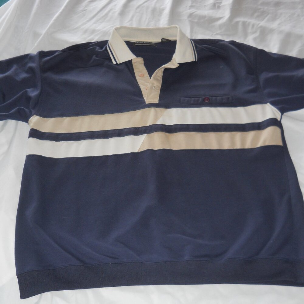 Vintage David Taylor Golf Shirt XLT  Navy Tan Stripe Short Sleeve Banded Polo
